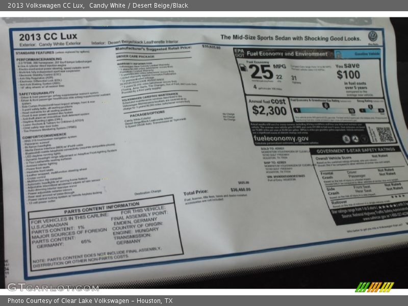 Candy White / Desert Beige/Black 2013 Volkswagen CC Lux