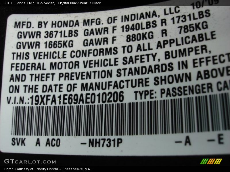 Crystal Black Pearl / Black 2010 Honda Civic LX-S Sedan