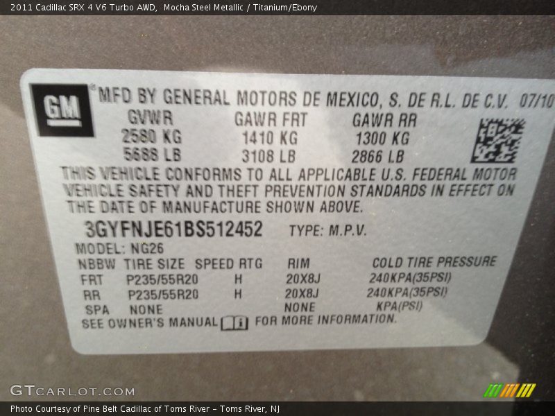 Info Tag of 2011 SRX 4 V6 Turbo AWD