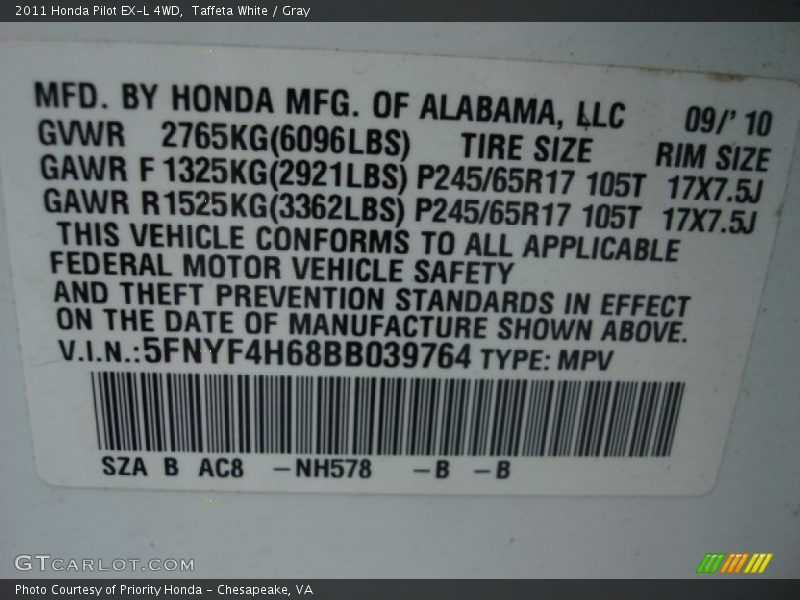 Taffeta White / Gray 2011 Honda Pilot EX-L 4WD