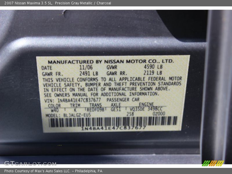 Precision Gray Metallic / Charcoal 2007 Nissan Maxima 3.5 SL