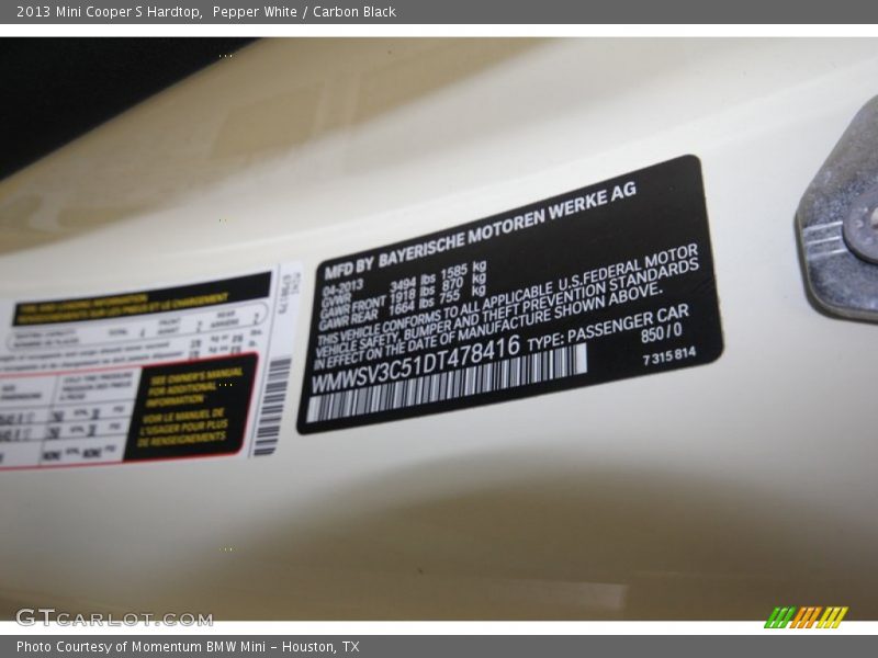 Pepper White / Carbon Black 2013 Mini Cooper S Hardtop