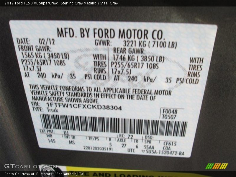 Sterling Gray Metallic / Steel Gray 2012 Ford F150 XL SuperCrew