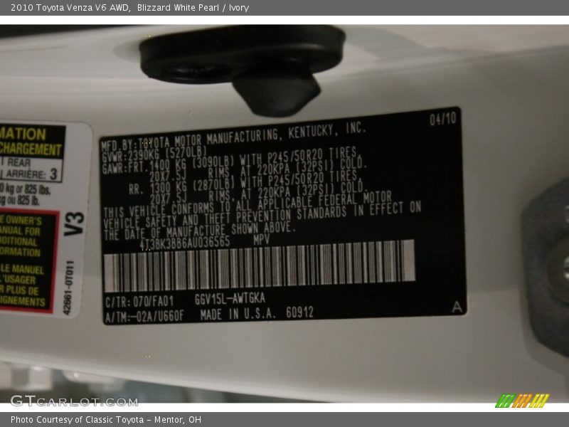 Blizzard White Pearl / Ivory 2010 Toyota Venza V6 AWD