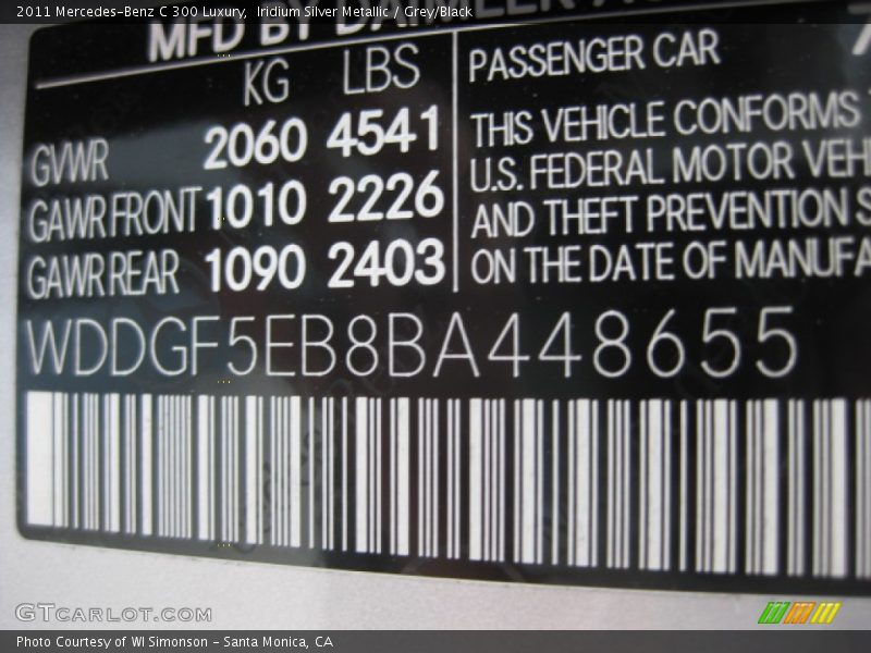 Iridium Silver Metallic / Grey/Black 2011 Mercedes-Benz C 300 Luxury