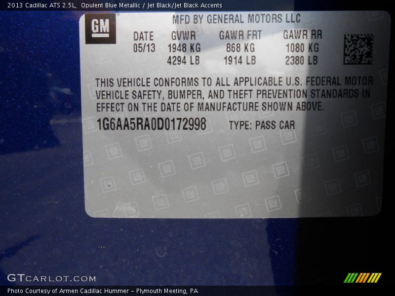 Opulent Blue Metallic / Jet Black/Jet Black Accents 2013 Cadillac ATS 2.5L