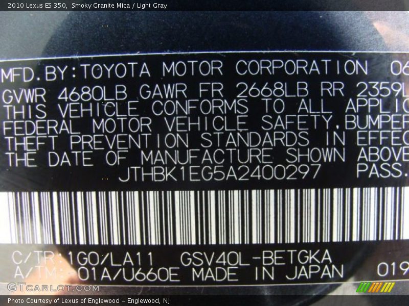 Smoky Granite Mica / Light Gray 2010 Lexus ES 350