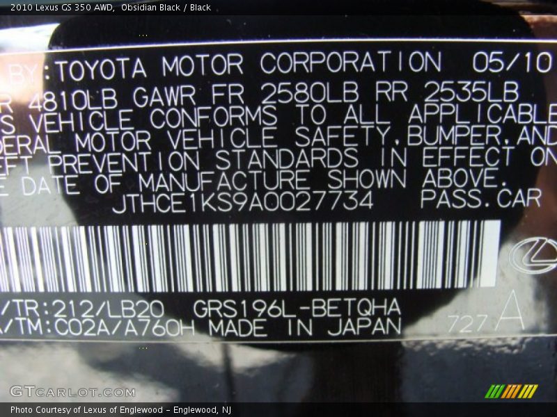 Obsidian Black / Black 2010 Lexus GS 350 AWD