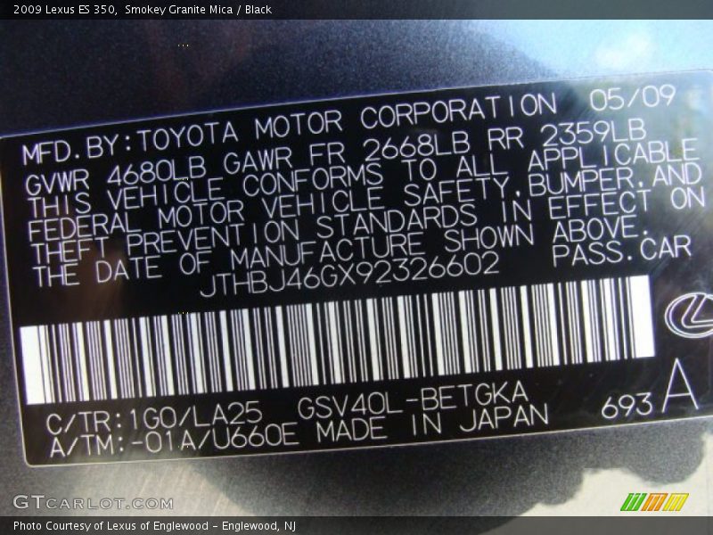 Smokey Granite Mica / Black 2009 Lexus ES 350