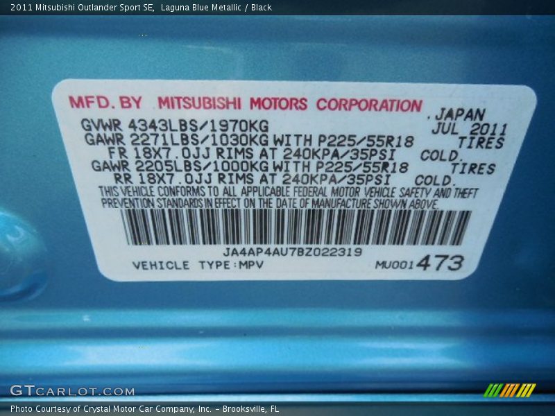 Laguna Blue Metallic / Black 2011 Mitsubishi Outlander Sport SE