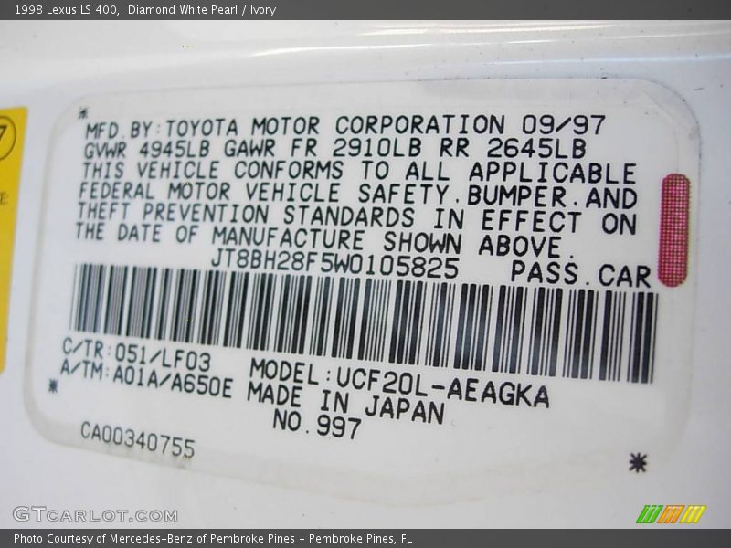 Diamond White Pearl / Ivory 1998 Lexus LS 400