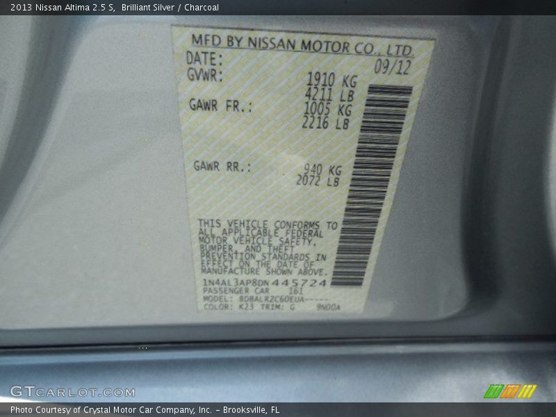 Brilliant Silver / Charcoal 2013 Nissan Altima 2.5 S