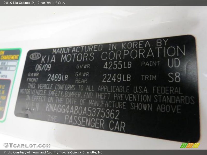 Clear White / Gray 2010 Kia Optima LX