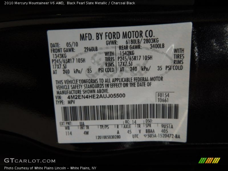 Black Pearl Slate Metallic / Charcoal Black 2010 Mercury Mountaineer V6 AWD