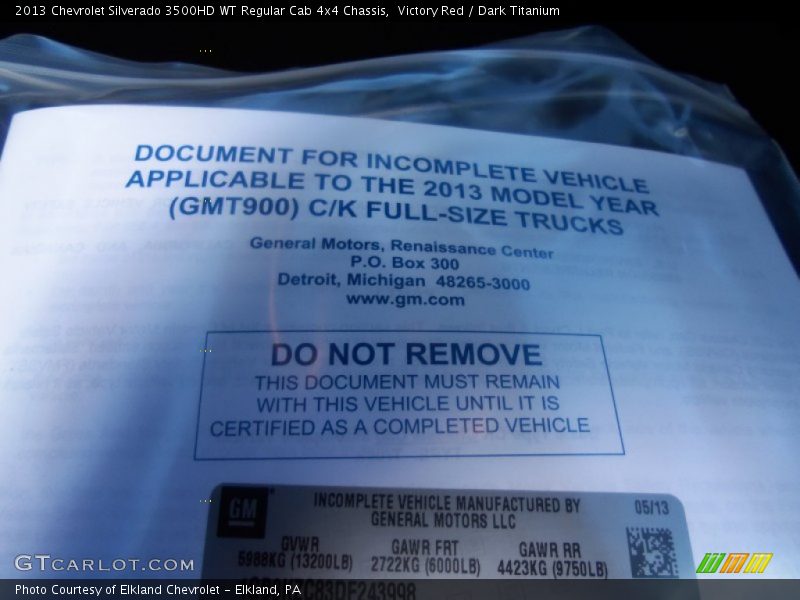 Victory Red / Dark Titanium 2013 Chevrolet Silverado 3500HD WT Regular Cab 4x4 Chassis