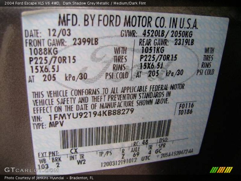 Dark Shadow Grey Metallic / Medium/Dark Flint 2004 Ford Escape XLS V6 4WD