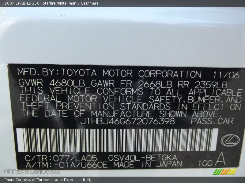 2007 ES 350 Starfire White Pearl Color Code 077