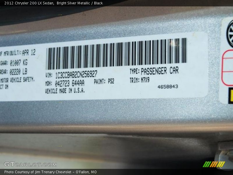 Bright Silver Metallic / Black 2012 Chrysler 200 LX Sedan