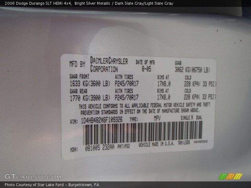 Bright Silver Metallic / Dark Slate Gray/Light Slate Gray 2006 Dodge Durango SLT HEMI 4x4