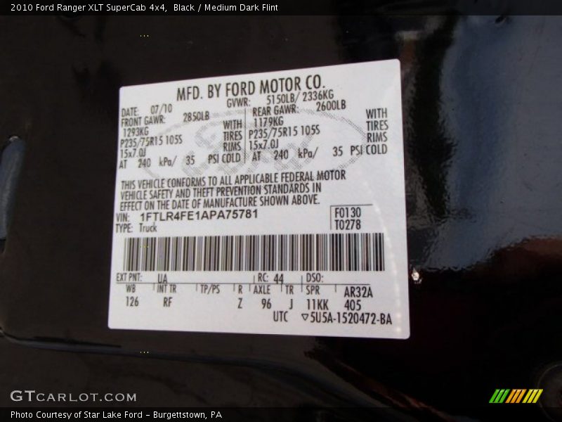 Black / Medium Dark Flint 2010 Ford Ranger XLT SuperCab 4x4