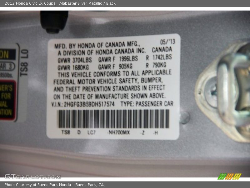 Alabaster Silver Metallic / Black 2013 Honda Civic LX Coupe