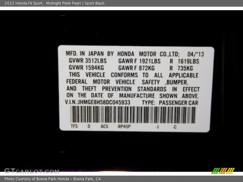 Midnight Plum Pearl / Sport Black 2013 Honda Fit Sport