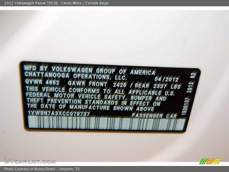 Candy White / Cornsilk Beige 2012 Volkswagen Passat TDI SE