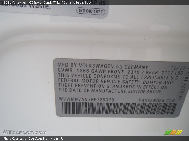 Candy White / Cornsilk Beige/Black 2011 Volkswagen CC Sport
