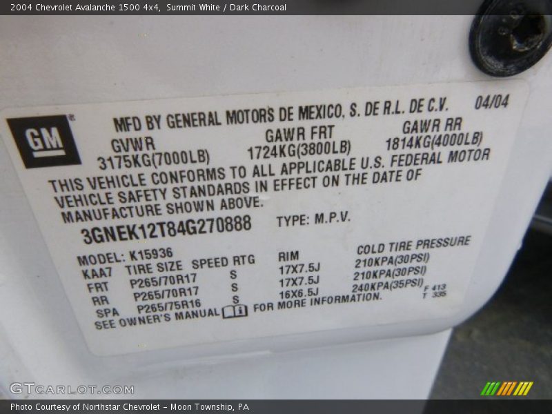 Summit White / Dark Charcoal 2004 Chevrolet Avalanche 1500 4x4