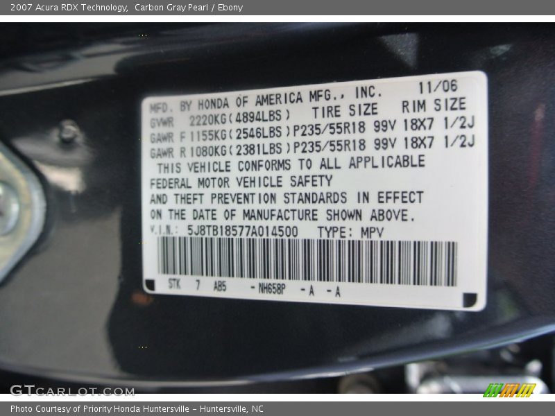 Carbon Gray Pearl / Ebony 2007 Acura RDX Technology