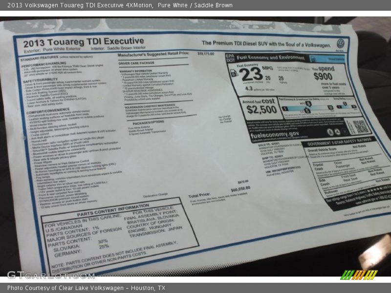  2013 Touareg TDI Executive 4XMotion Window Sticker