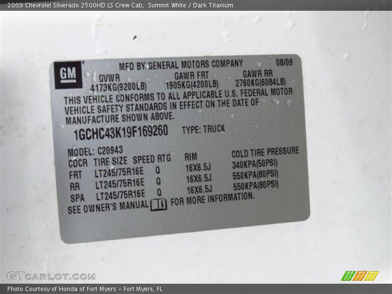 Info Tag of 2009 Silverado 2500HD LS Crew Cab