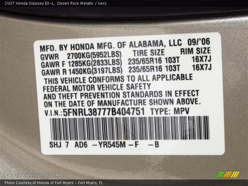 Desert Rock Metallic / Ivory 2007 Honda Odyssey EX-L