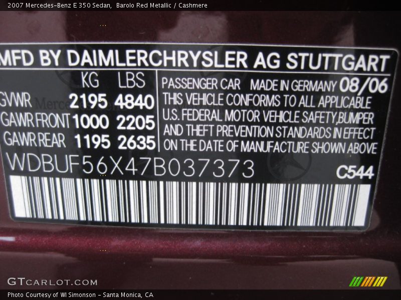 Barolo Red Metallic / Cashmere 2007 Mercedes-Benz E 350 Sedan