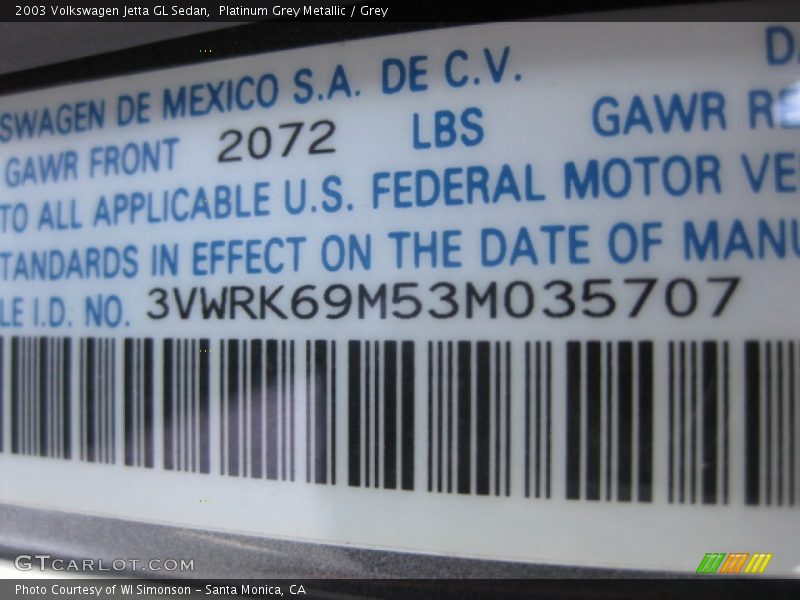 Platinum Grey Metallic / Grey 2003 Volkswagen Jetta GL Sedan