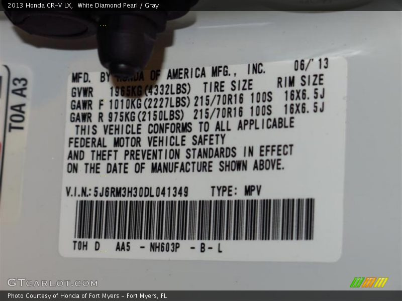 White Diamond Pearl / Gray 2013 Honda CR-V LX