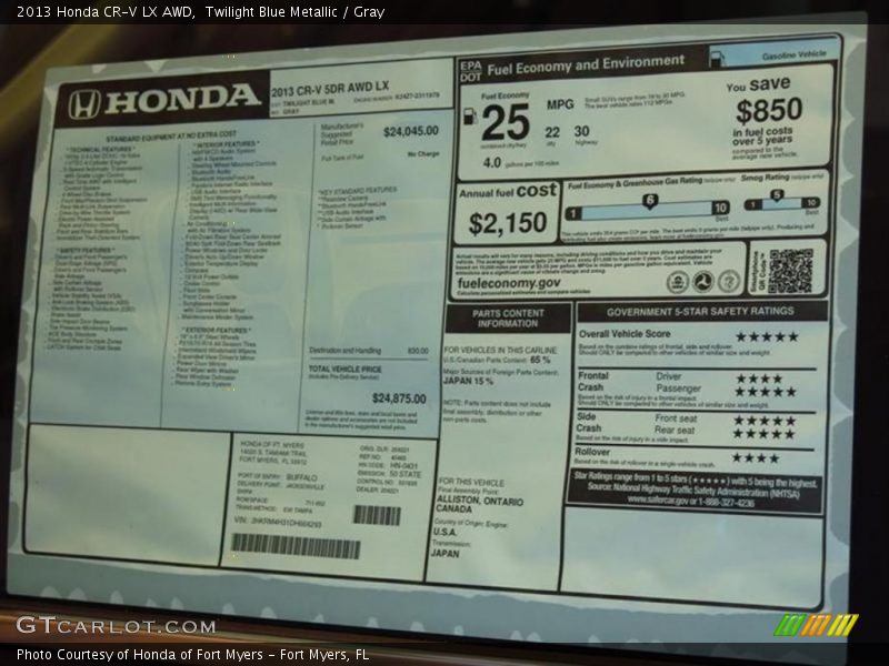 Twilight Blue Metallic / Gray 2013 Honda CR-V LX AWD