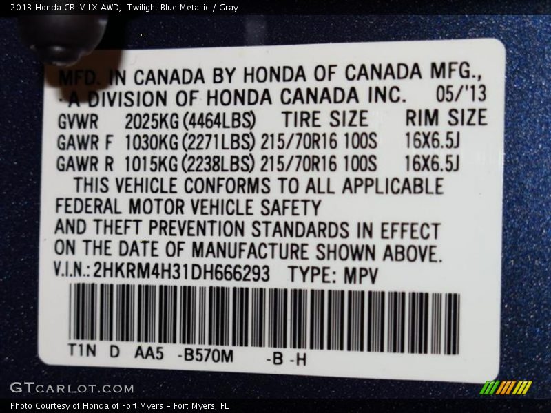 Twilight Blue Metallic / Gray 2013 Honda CR-V LX AWD