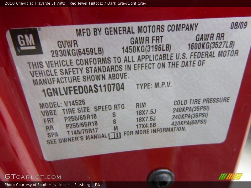 Red Jewel Tintcoat / Dark Gray/Light Gray 2010 Chevrolet Traverse LT AWD