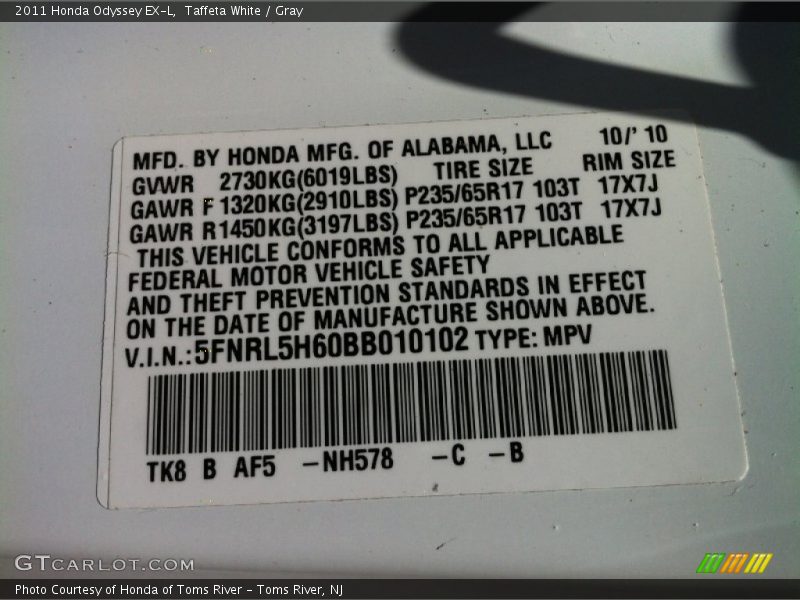 Taffeta White / Gray 2011 Honda Odyssey EX-L