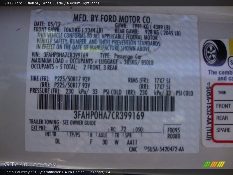 White Suede / Medium Light Stone 2012 Ford Fusion SE