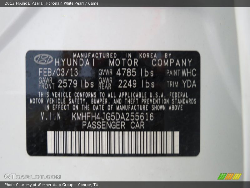 Porcelain White Pearl / Camel 2013 Hyundai Azera