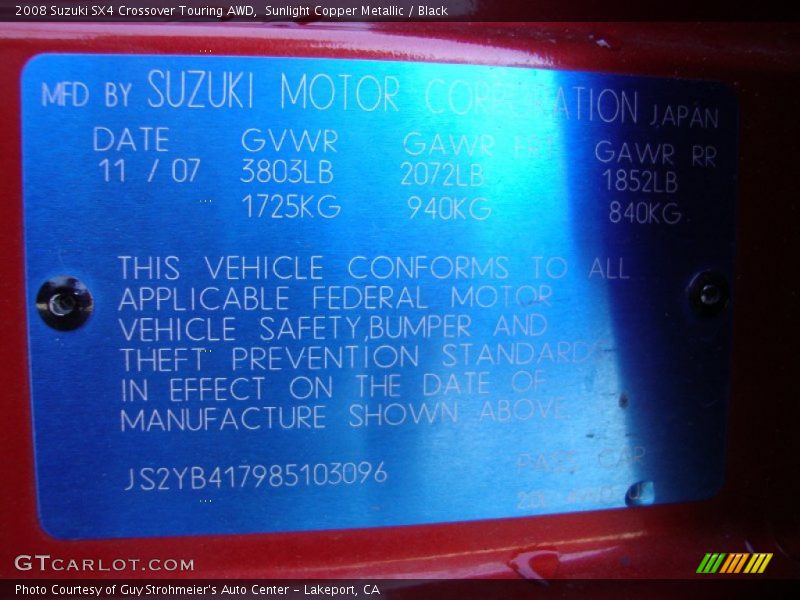 Sunlight Copper Metallic / Black 2008 Suzuki SX4 Crossover Touring AWD