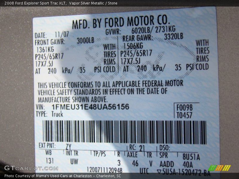 Vapor Silver Metallic / Stone 2008 Ford Explorer Sport Trac XLT