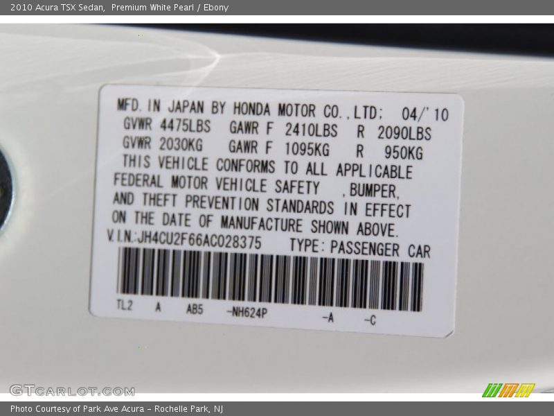 Premium White Pearl / Ebony 2010 Acura TSX Sedan