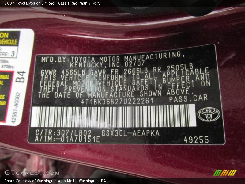 2007 Avalon Limited Cassis Red Pearl Color Code 3Q7