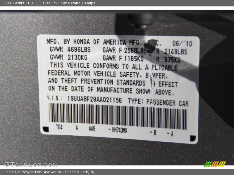 Palladium Silver Metallic / Taupe 2010 Acura TL 3.5