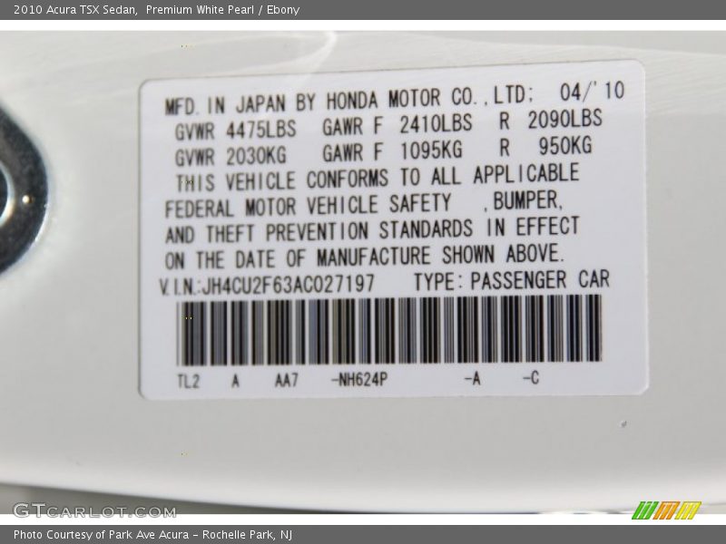 Premium White Pearl / Ebony 2010 Acura TSX Sedan