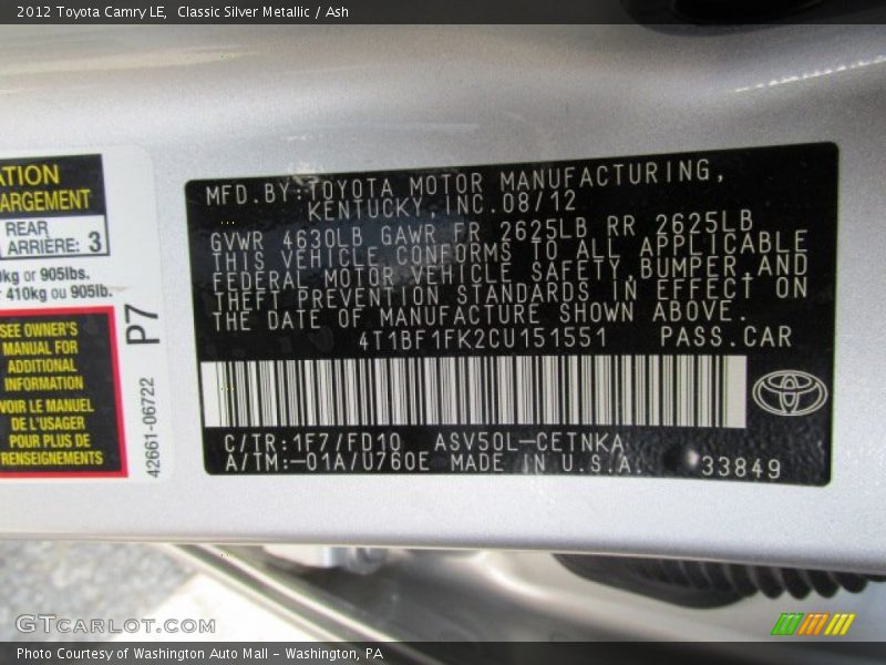 Classic Silver Metallic / Ash 2012 Toyota Camry LE