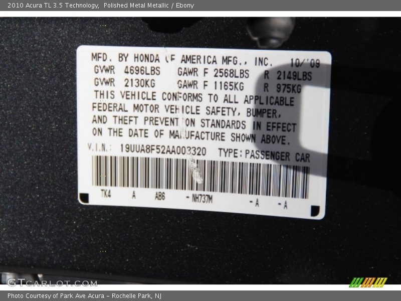 Polished Metal Metallic / Ebony 2010 Acura TL 3.5 Technology